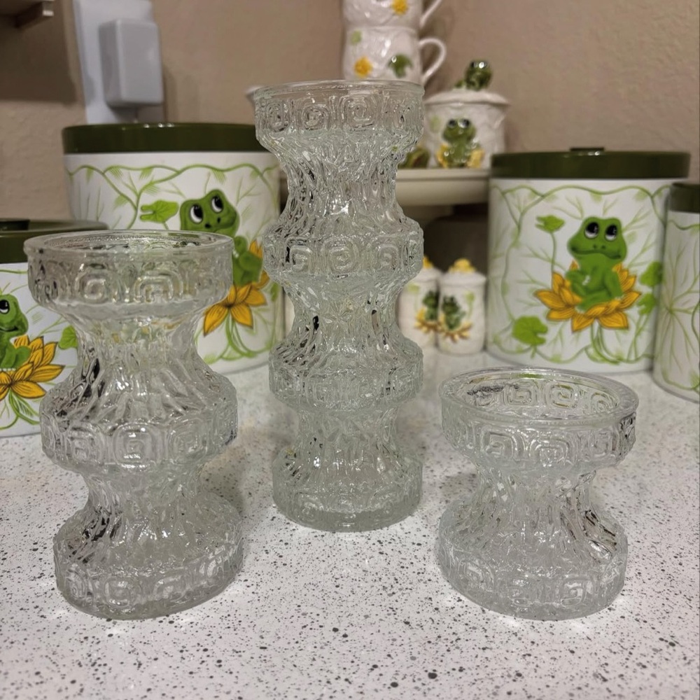 Vintage Oberglas Greek Key Clear Glass Candle Holders/Vases Trio Set